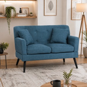 Vista ambientata Divano 2 Posti in tessuto colore Blu New con braccioli e piedi in legno modello Ketty Totò Piccinni