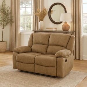 Vista ambientata Divano 2 posti relax reclinabile colore "Nabuk Cammello" con poggiapiedi modello Calipso Totò Piccinni