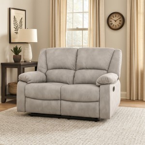 Vista ambientata Divano 2 posti relax reclinabile colore "Nabuk Grigio Chiaro" con poggiapiedi modello Calipso Totò Piccinni