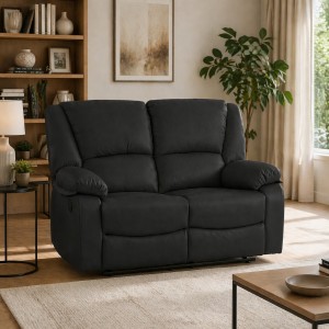 Vista ambientata Divano 2 posti relax reclinabile colore "Nabuk Nero" con poggiapiedi modello Calipso Totò Piccinni