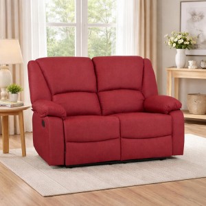 Vista diagonale di un divano 2 posti imbottito con funzione relax reclinabile e poggiapiedi in tessuto Bordeaux Calipso Totò Piccinni