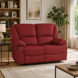 Vista diagonale di un divano 2 posti imbottito con funzione relax reclinabile e poggiapiedi in tessuto Bordeaux Calipso Totò Piccinni