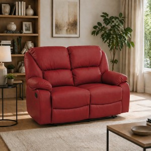 Vista ambientata di un divano 2 posti imbottito con funzione relax reclinabile e poggiapiedi in ecopelle Bordeaux Calipso Totò Piccinni