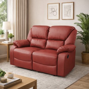Vista ambientata di un divano 2 posti imbottito con funzione relax reclinabile e poggiapiedi in ecopelle Bordeaux Calipso Totò Piccinni