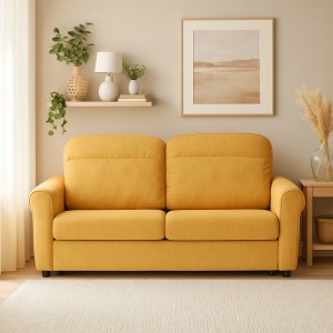 Vista ambientata Divano 3 Posti in Tessuto colore Giallo Mostarda Sfoderabile made in italy modello Luna Totò Piccinni