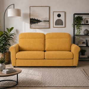 Vista ambientata Divano 3 Posti in Tessuto colore Giallo Mostarda Sfoderabile made in italy modello Luna Totò Piccinni