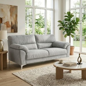 Vista ambientata Divano 3 Posti in tessuto imbottito colore Grigio Chiaro con braccioli e piedini in metallo modello Giada Totò Piccinni