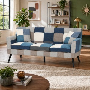 Vista ambientata Divano 3 Posti in tessuto colore Patchwork Moon con braccioli e piedi in legno modello Ketty Totò Piccinni