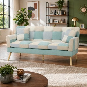 Vista ambientata Divano 3 Posti in tessuto colore Patchwork Sky con braccioli e piedi in legno modello Ketty Totò Piccinni