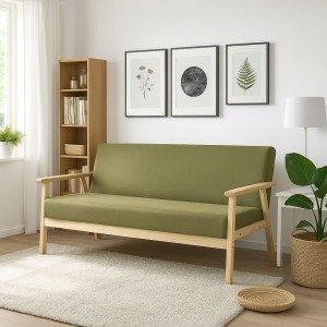 Vista ambientata Divano 3 posti in legno in tessuto colore Tortora con struttura in legno modello Wood Totò Piccinni