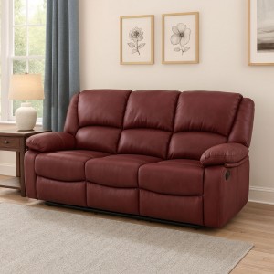 Vista ambientata Divano 3 posti relax reclinabile colore "Nabuk Bordeaux" con poggiapiedi modello Calipso Totò Piccinni