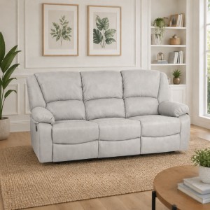 Vista ambientata Divano 3 posti relax reclinabile colore "Nabuk Grigio Chiaro" con poggiapiedi modello Calipso Totò Piccinni