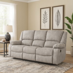 Vista ambientata Divano 3 posti relax reclinabile colore "Nabuk Grigio Chiaro" con poggiapiedi modello Calipso Totò Piccinni