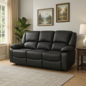 Vista ambientata Divano 3 posti relax reclinabile colore "Nabuk Grigio Scuro" con poggiapiedi modello Calipso Totò Piccinni