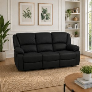 Vista ambientata Divano 3 posti relax reclinabile colore "Nabuk Nero" con poggiapiedi modello Calipso Totò Piccinni