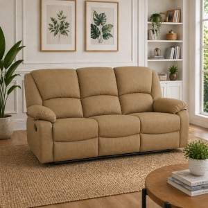 Vista ambientata  di un divano 3 posti imbottito con funzione relax reclinabile e poggiapiedi in tessuto Beige Calipso Totò Piccinni
