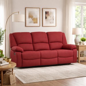 Vista ambientata  di un divano 3 posti imbottito con funzione relax reclinabile e poggiapiedi in tessuto Bordeaux Calipso Totò Piccinni