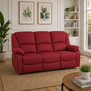 Vista ambientata  di un divano 3 posti imbottito con funzione relax reclinabile e poggiapiedi in tessuto Bordeaux Calipso Totò Piccinni