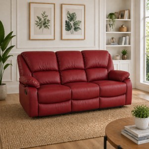 Vista diagonale di un divano 3 posti imbottito con funzione relax reclinabile e poggiapiedi in ecopelle Bordeaux Calipso Totò Piccinni