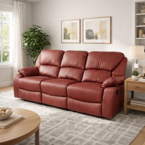Vista diagonale di un divano 3 posti imbottito con funzione relax reclinabile e poggiapiedi in ecopelle Bordeaux Calipso Totò Piccinni