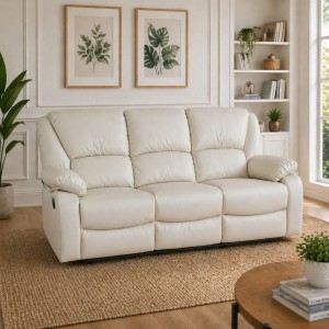 Vista diagonale di un divano 3 posti imbottito con funzione relax reclinabile e poggiapiedi in ecopelle Panna Calipso Totò Piccinni