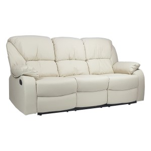 Vista diagonale di un divano 3 posti imbottito con funzione relax reclinabile e poggiapiedi in ecopelle Panna Calipso Totò Piccinni