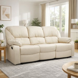 Vista diagonale di un divano 3 posti imbottito con funzione relax reclinabile e poggiapiedi in ecopelle Panna Calipso Totò Piccinni