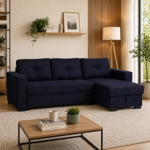 Vista ambientata Divano angolare in Tessuto colore Blu con contenitore e cassettone modello Roma Totò Piccinni