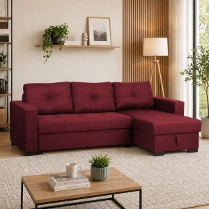 Vista ambientata Divano angolare in Tessuto colore Bordeaux con contenitore e cassettone modello Roma Totò Piccinni