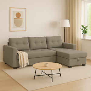 Vista ambientata Divano angolare in Tessuto colore Cappuccino con contenitore e cassettone modello Roma Totò Piccinni