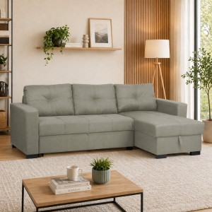 Vista ambientata Divano angolare in Tessuto colore Cappuccino con contenitore e cassettone modello Roma Totò Piccinni