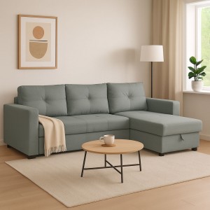 Vista ambientata Divano angolare in Tessuto colore Carta da Zucchero con contenitore e cassettone modello Roma Totò Piccinni