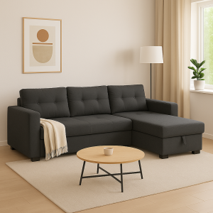 Divano Angolare ROMA in Tessuto con Contenitore e Cassettone (Grigio Scuro)