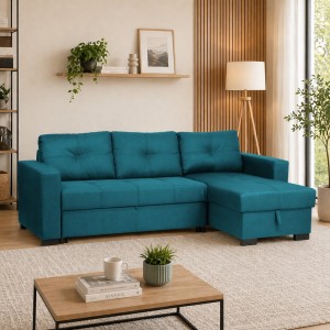 Vista ambientata Divano angolare in Tessuto colore Turchese con contenitore e cassettone modello Roma Totò Piccinni