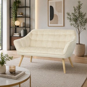 Vista ambientata Divano 2 Posti a in Velluto imbottito colore Beige con piedini in Legno modello Dama Totò Piccinni