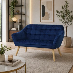 Vista ambientata Divano 2 Posti a in Velluto imbottito colore Blu con piedini in Legno modello Dama Totò Piccinni