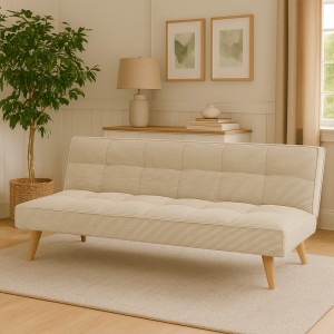 Vista ambientata Divano Letto imbottito in Velluto a Costine Beige con gambe in legno e sistema Clic-Clac modello Sandwich Totò Piccinni