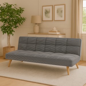 Vista ambientata Divano Letto imbottito in Velluto a Costine Grigio con gambe in legno e sistema Clic-Clac modello Sandwich Totò Piccinni