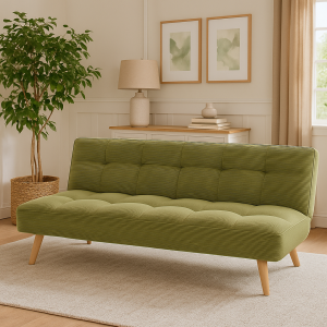 Vista ambientata Divano Letto imbottito in Velluto a Costine Verde Oliva con gambe in legno e sistema Clic-Clac modello Sandwich Totò Piccinni