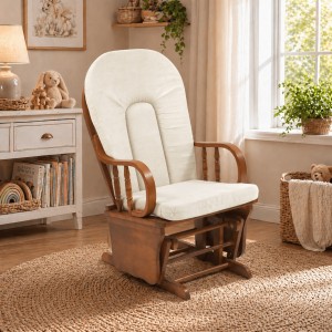 Vista ambientata Poltrona a dondolo con struttura il legno, Struttura Mogano colore Beige con cuscini modello Galles Totò Piccinni