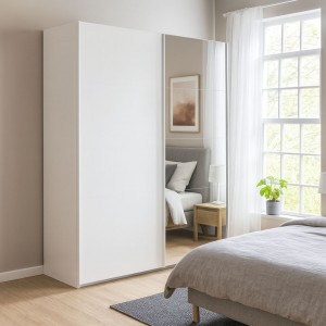 Vista ambientata con ante chiuse Armadio moderno in legno struttura Rovere Artisan con 2 ante scorrevoli, 1 Bianco Opaco e 1 a Specchio modello Sliding Totò Piccinni