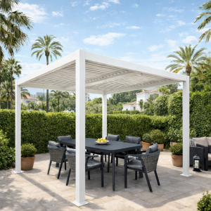 Vista ambientata gazebo pergola 3x3 colore "antracite" completamente in alluminio modello Ombra Lux Totò Piccinni