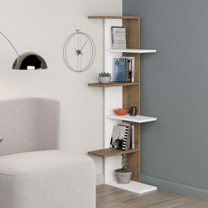 Vista ambientata Libreria angolare in legno colore Bianco/Rovere Antico con 6 ripiani modello Kora Totò Piccinni