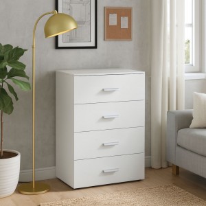 Vista ambientata Cassettiera moderna in legno colore Bianco con 4 cassetti modello London Totò Piccinni