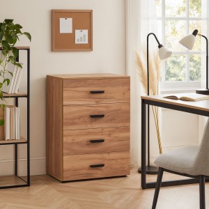 Vista ambientata Cassettiera moderna in legno colore Rovere Quercia con 4 cassetti modello London Totò Piccinni