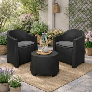 Vista ambientata Set da giardino colore Antracite in Polipropilene 2 poltrone e tavolino modello Luna Totò Piccinni