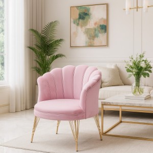 Vista ambientata Poltroncina in Velluto imbottita colore Rosa con gambe in metallo modello Petalo Totò Piccinni