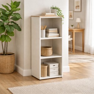 Vista ambientata Libreria in legno con 3 ripiani colore "cashmere matt/rovere artisan" modello Haven Totò Piccinni