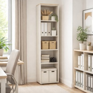 Vista ambientata Libreria in legno con 4 ripiani colore "cashmere/rovere artisan" modello Haven Totò Piccinni