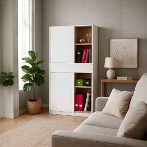 Vista diagonale con cassetto aperto Libreria in legno colore "Bianco Laccato/Rovere Artisan" 2 ante scorrevoli e 1 cassetto modello Apex Totò Piccinni